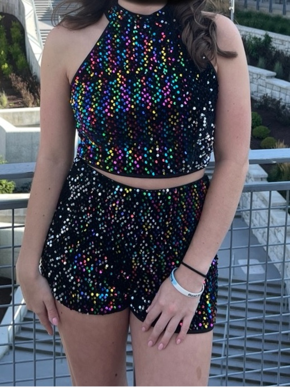 SHEIN Black Sequin Crop Top with Multicolor Metallic Dots